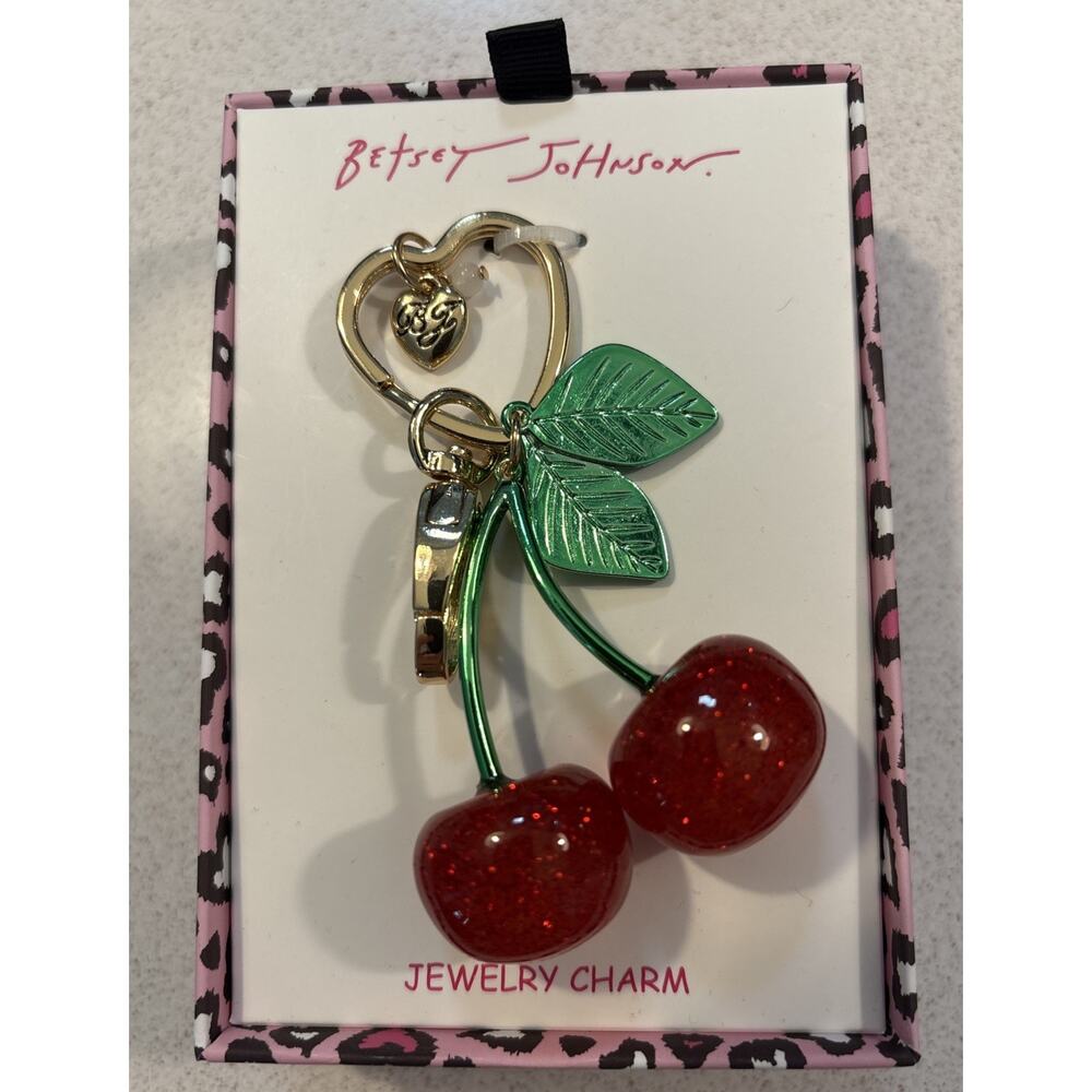 NIB Betsey Johnson Gold Tone Red Cherry Bag Charm Key Clip Cherries Backpack